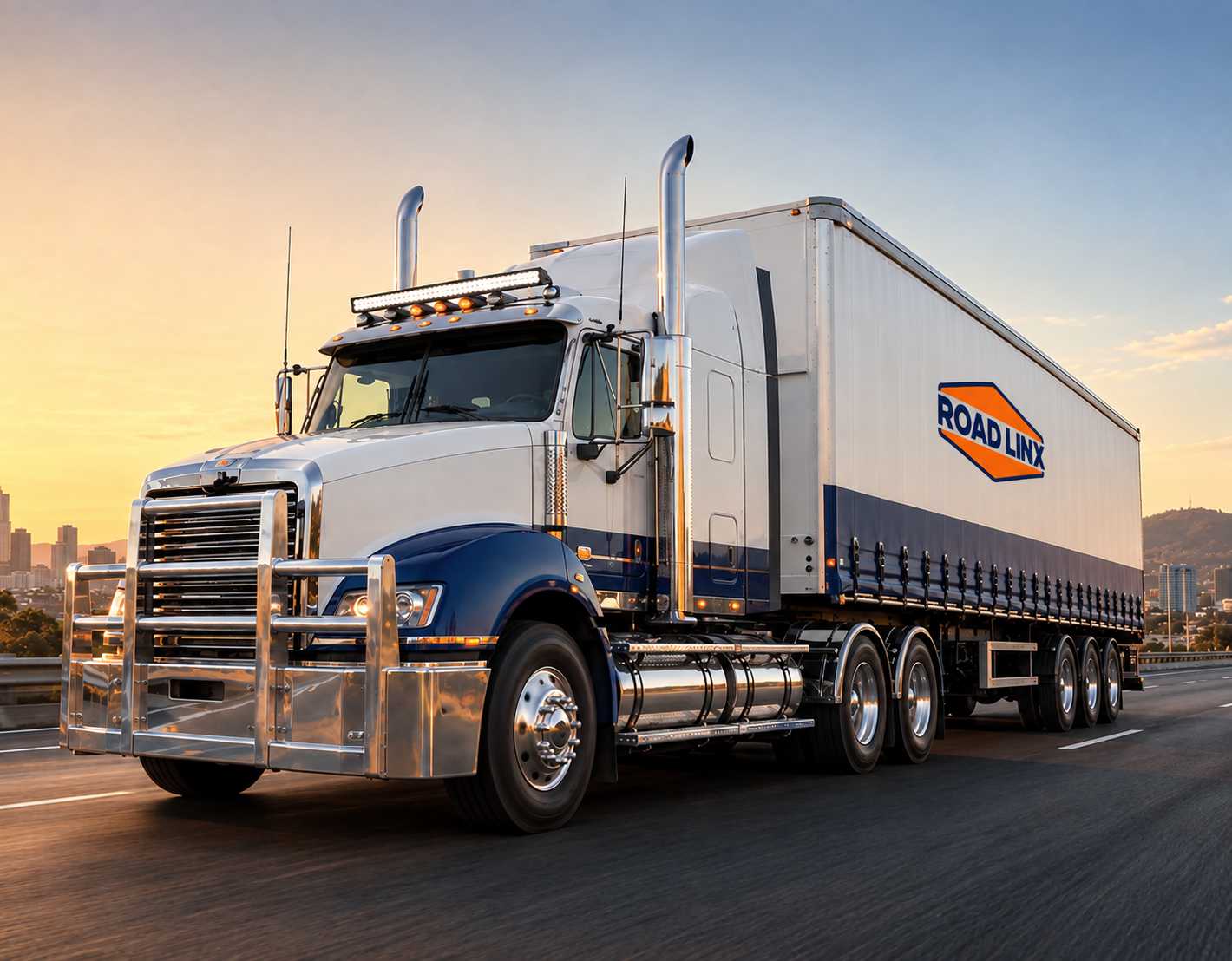 Road Linx branded semi-trailer and prime mover on the motorway at sunrise